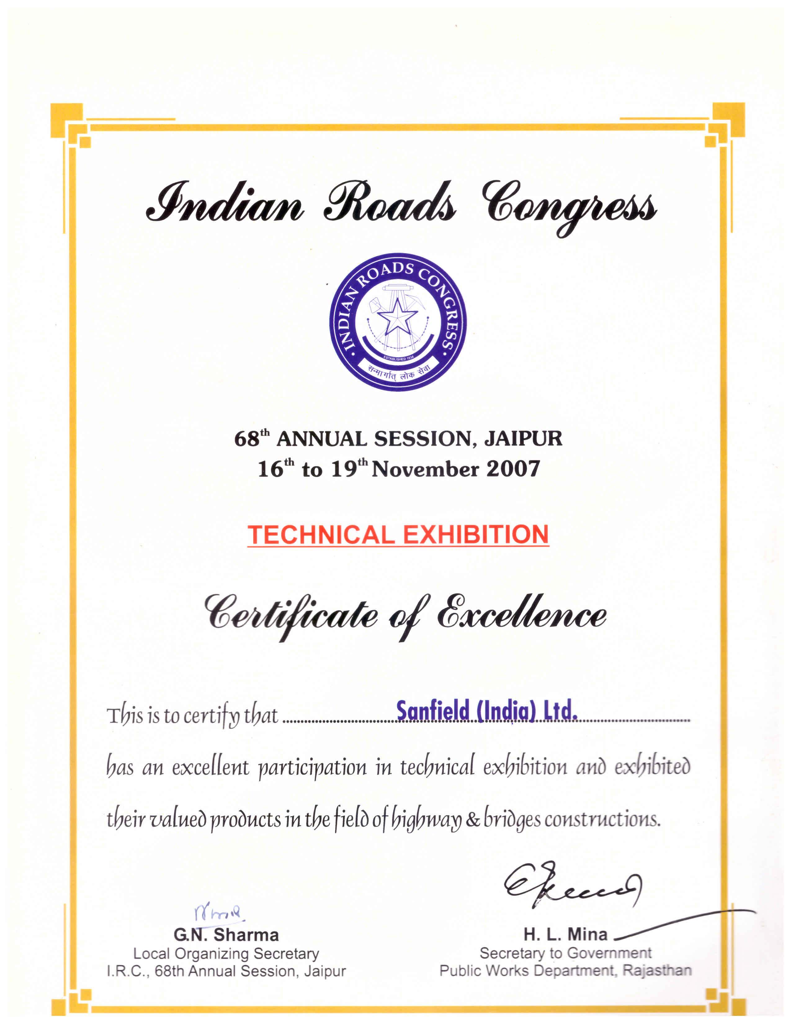 Indian Road congress,Jaipur - Certificate of excellence